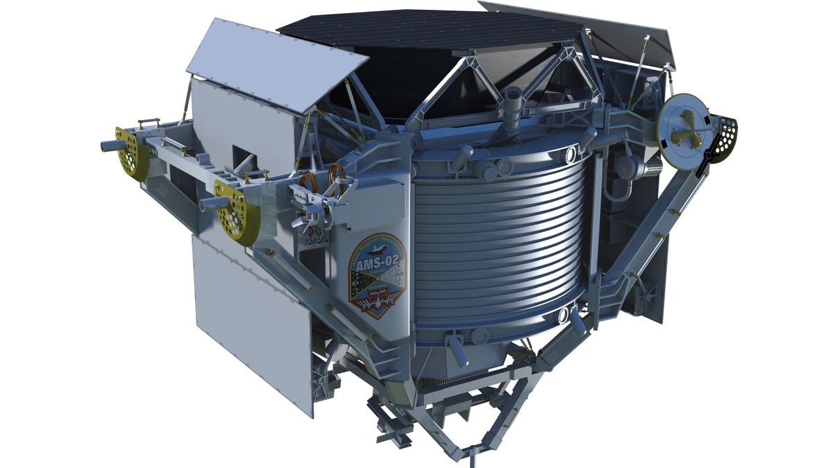 Artist&#039;s concept of the Alpha Magnetic Spectrometer, a particle physics detector that will be installed on the starboard truss of the International Space Station. 