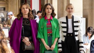 Philippine Leroy-Beaulieu as Sylvie, Lily Collins as Emily and a guest star in Emily in Paris season 2