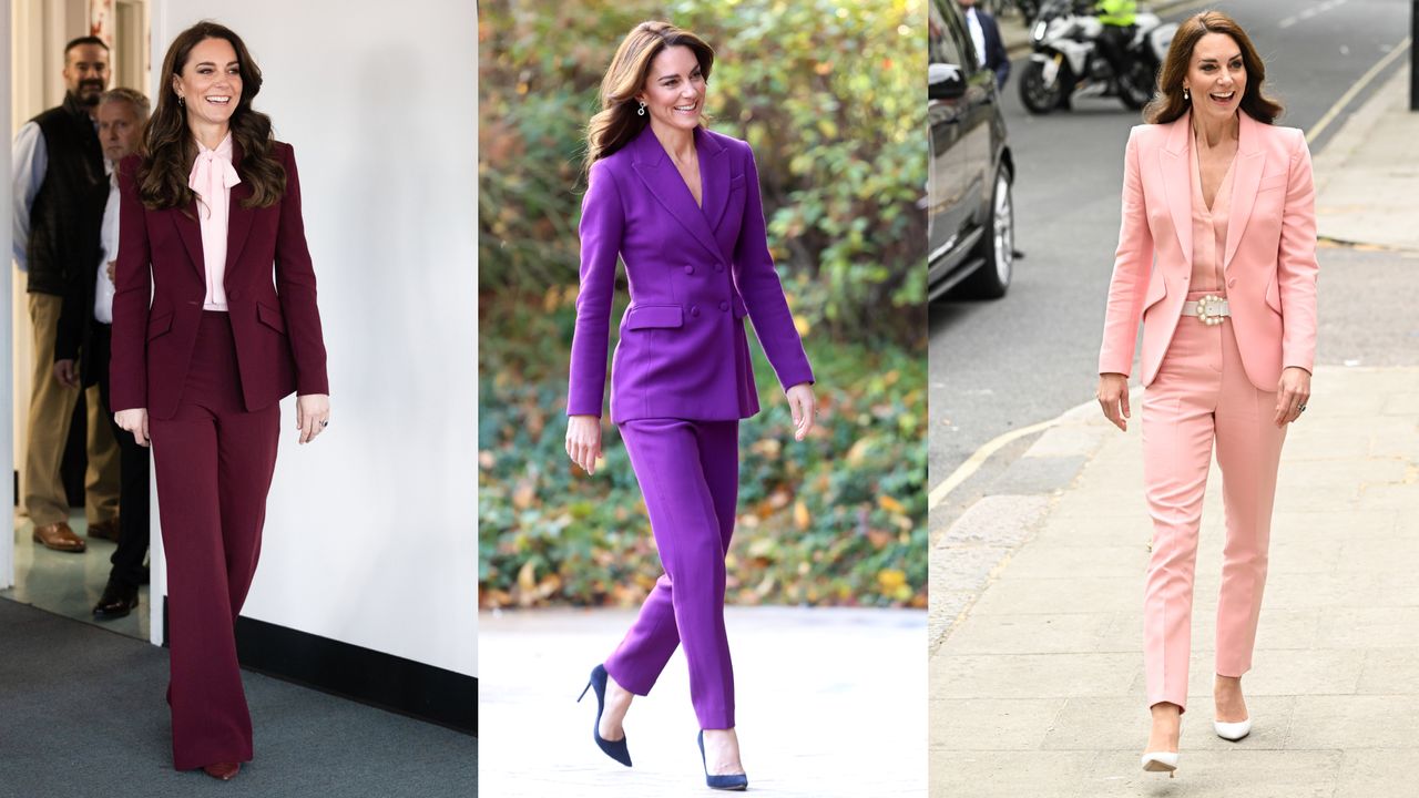 Three photos of Kate Middleton wearing maroon, purple and pink trouser suits