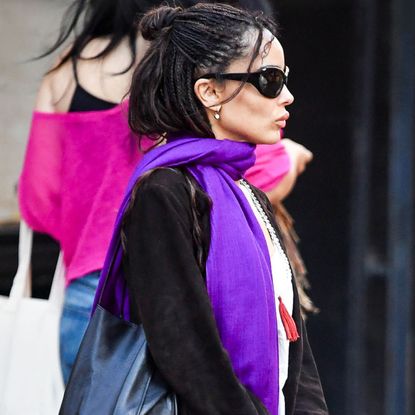 Zo&euml; Kravitz's scarf tested the purple trend for fall in New York City