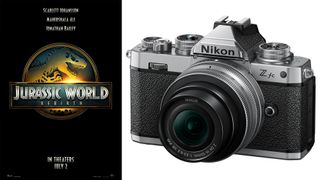 Jurassic World: Rebirth poster next to product image of Nikon Z fc