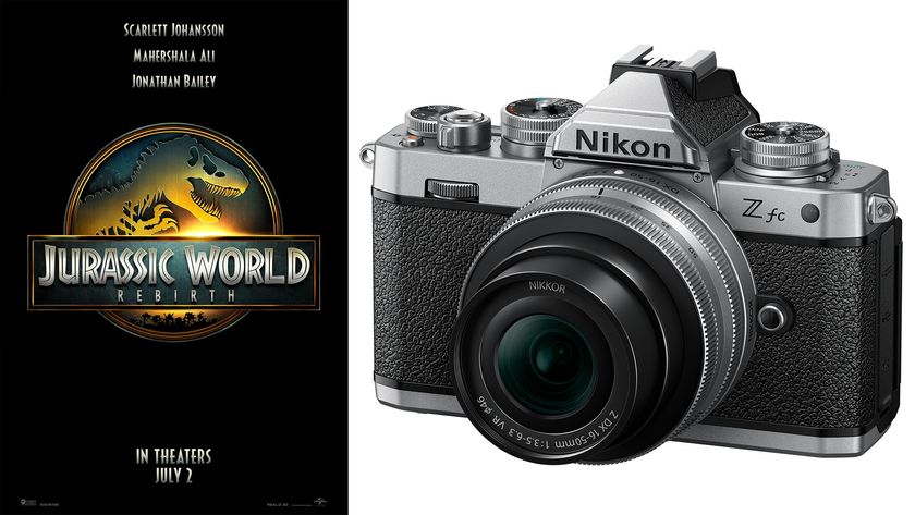 Jurassic World: Rebirth poster next to product image of Nikon Z fc 