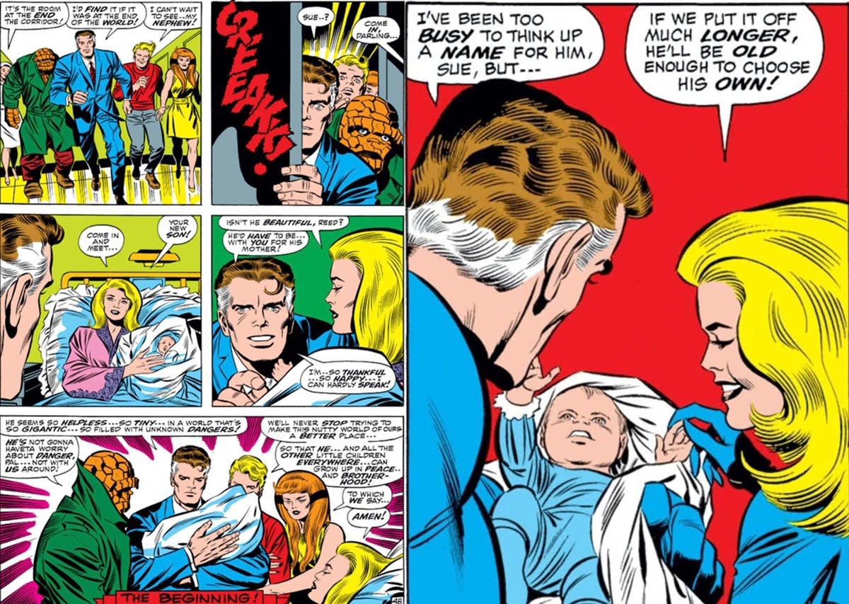 comic book panels of a family of superheroes