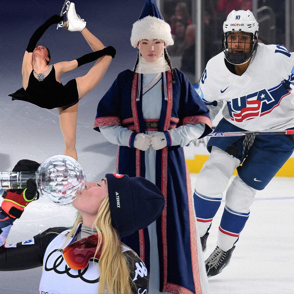 A collage featuring photos of 2026 Winter Olympics athletes and costumes. 