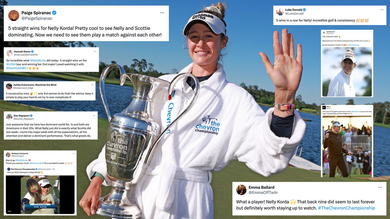 Nelly Korda holds up the Chevron Championship trophy with screenshots of tweets around the outside