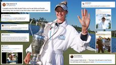 Nelly Korda holds up the Chevron Championship trophy with screenshots of tweets around the outside