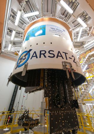 Ariane 5 payload fairing and Ariane 5 payload fairing and Arsat-2 satellite..