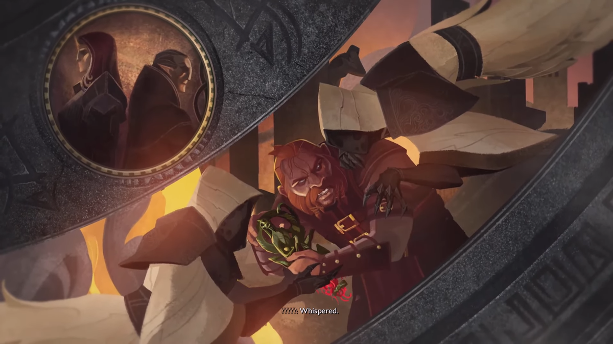 The Veilguard post-credits scene - Bartrand with a lyrium idol and the caption "whispered"