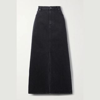 Hilla distressed organic denim maxi skirt