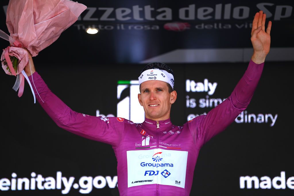 REGGIO EMILIA ITALY MAY 18 Arnaud Demare of France and Team Groupama FDJ Purple Points Jersey celebrates at podium during the 105th Giro dItalia 2022 Stage 11 a 203km stage from Santarcangelo di Romagna to Reggio Emilia Giro WorldTour on May 18 2022 in Reggio Emilia Italy Photo by Tim de WaeleGetty Images