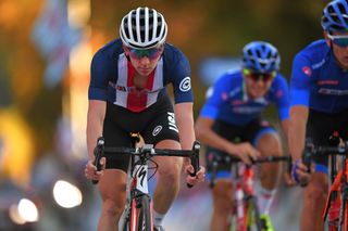 Kevin Vermaerke finishes the men's junior road race at the 2018 UCI Road World Championships