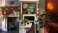 Thanksgiving mantel decor. Foliage on mantel, colorful living room with ornaments on mantel, close up of candles and foliage on mantel