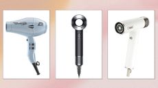 A collection of th best hair dryers for afro hair from brands including Parlux, Dyson and Shark/ in a yellow to pink gradient template