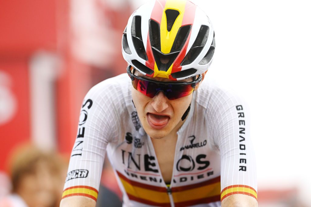 COLLU FANCUAYA SPAIN AUGUST 27 Carlos Rodriguez Cano of Spain and Team INEOS Grenadiers crosses the finish line during the 77th Tour of Spain 2022 Stage 8 a 1534km stage from Pola de Laviana to Collu Fancuaya 1084m LaVuelta22 WorldTour on August 27 2022 in Collu Fancuaya Spain Photo by Tim de WaeleGetty Images