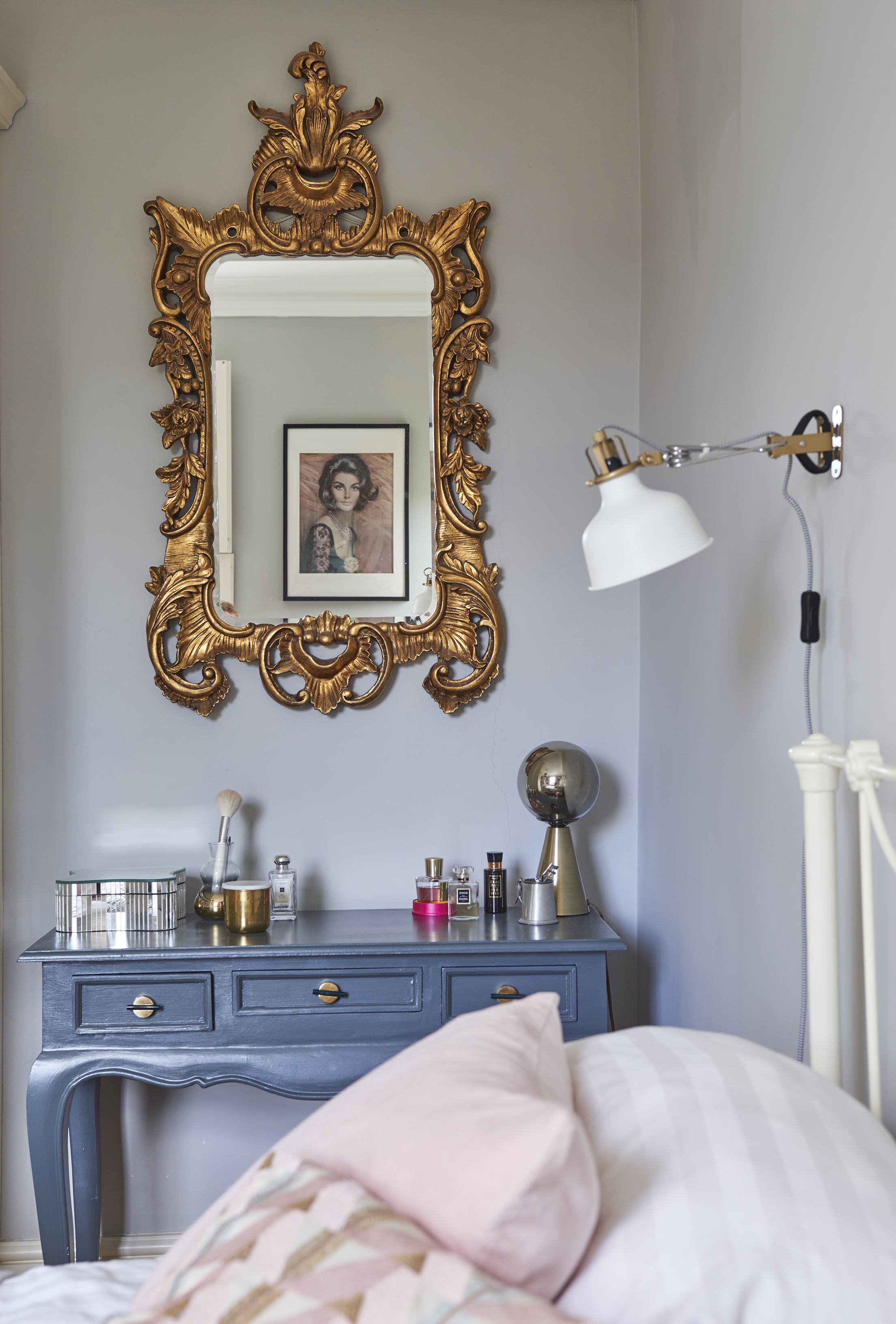 grey bedroom with antique mirror and upcycled grey dressing table