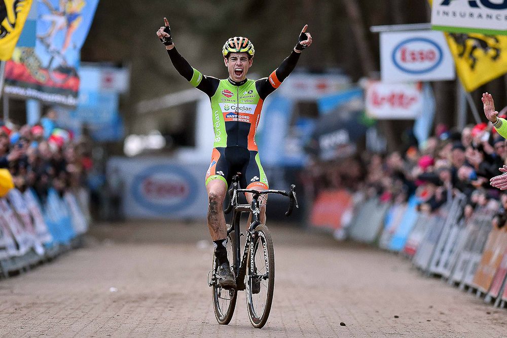 Wout Van Aert celebrates his 2016 Belgian championship.