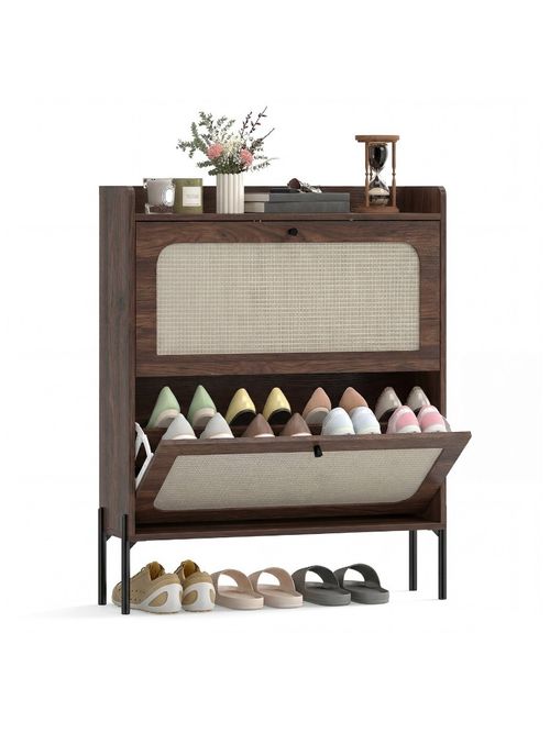 Boho Narrow Shoe Cabinet, Shoe Rack With 2 Flip Drawers