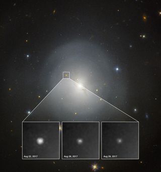 Hubble observed the kilonova gradually fading over the course of six days, as shown in these observations taken in between 22 and 28 August (insets).