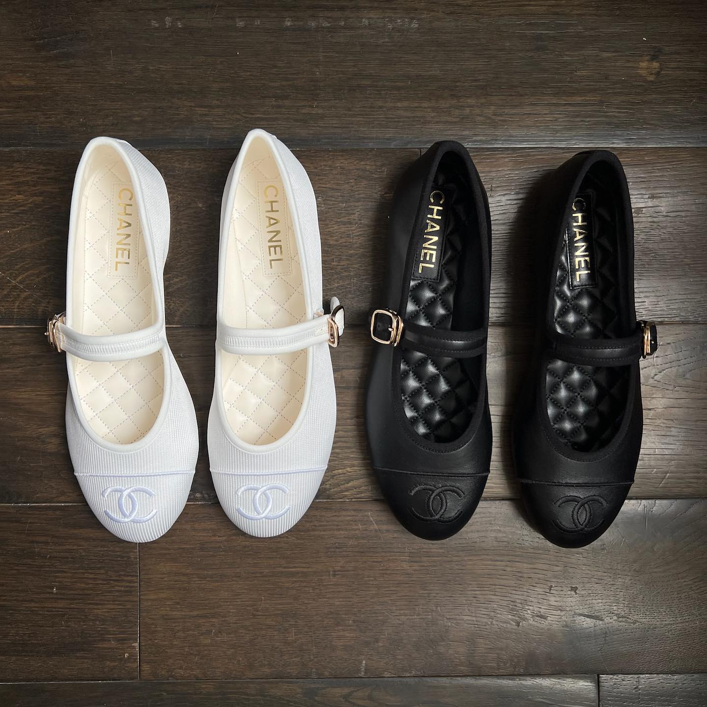 Two pairs of Chanel Mary Janes.