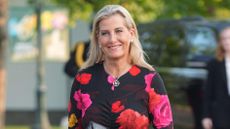 Duchess of Edinburgh, as part of her visit to Canada, arrives at Riding Hall Circle wearing a dark floral dress