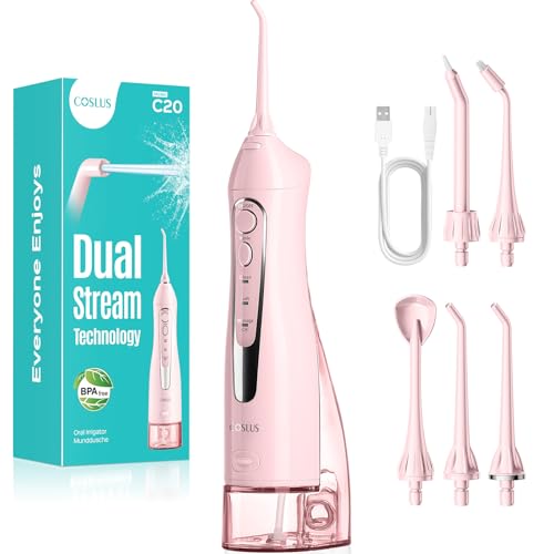 Coslus Water Dental Flosser Teeth Pick: 2025 Upgraded Portable Cordless Waterproof Flossing 300ml Rechargeable Travel Irrigation Cleaner Ipx7 Pink