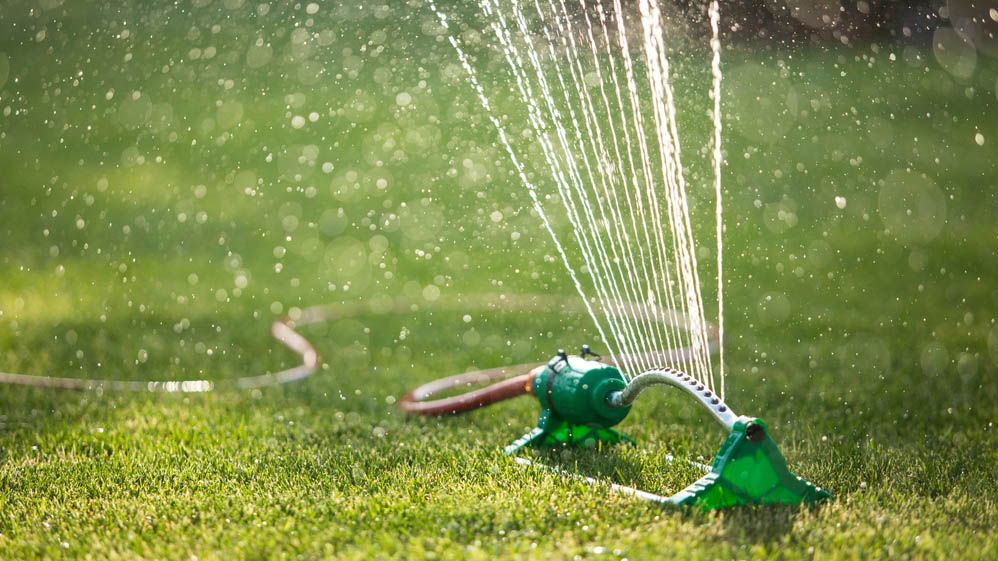 A sprinkler system watering the lawn