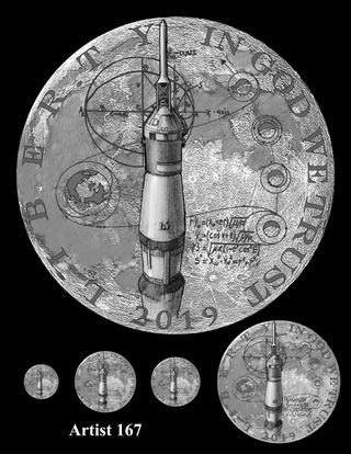 The members of the Citizens Coinage Advisory Committee and the U.S. Commission of Fine Art expressed support for this design, featuring the Saturn V rocket, for the obverse of the Apollo 11 50th anniversary coins to be released in 2019.