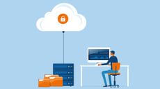 An illustration of a man sitting at a desk using a computer, with his local files being backed up to a server and the cloud