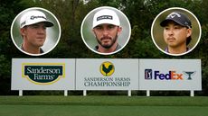 A Sanderson Farms Championship sign (main photo) behind headshots of Michael Thorbjornsen (top left), Max Homa (top middle) and Min Woo Lee (top right)