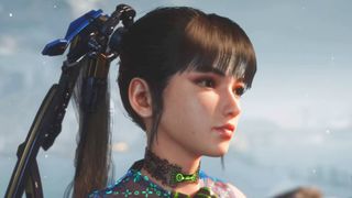 A closeup of Stellar Blade main character Eve lit by a bright sun