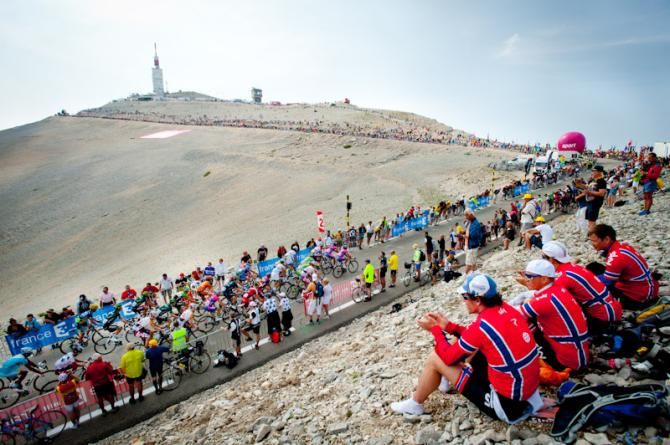 The grupetto riding to the top of Mont-Ventoux in the Tour de France