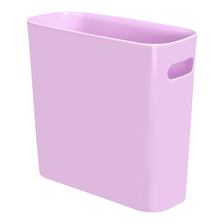 A narrow rectangular trash can in pastel purple