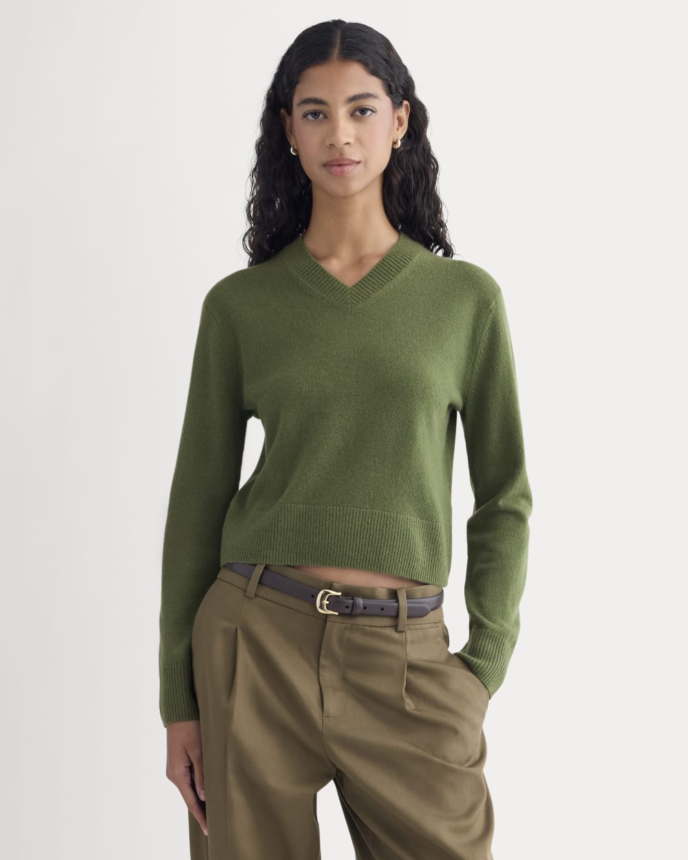 Cashmere Cropped High-V Sweater | Forest Green - Xxs