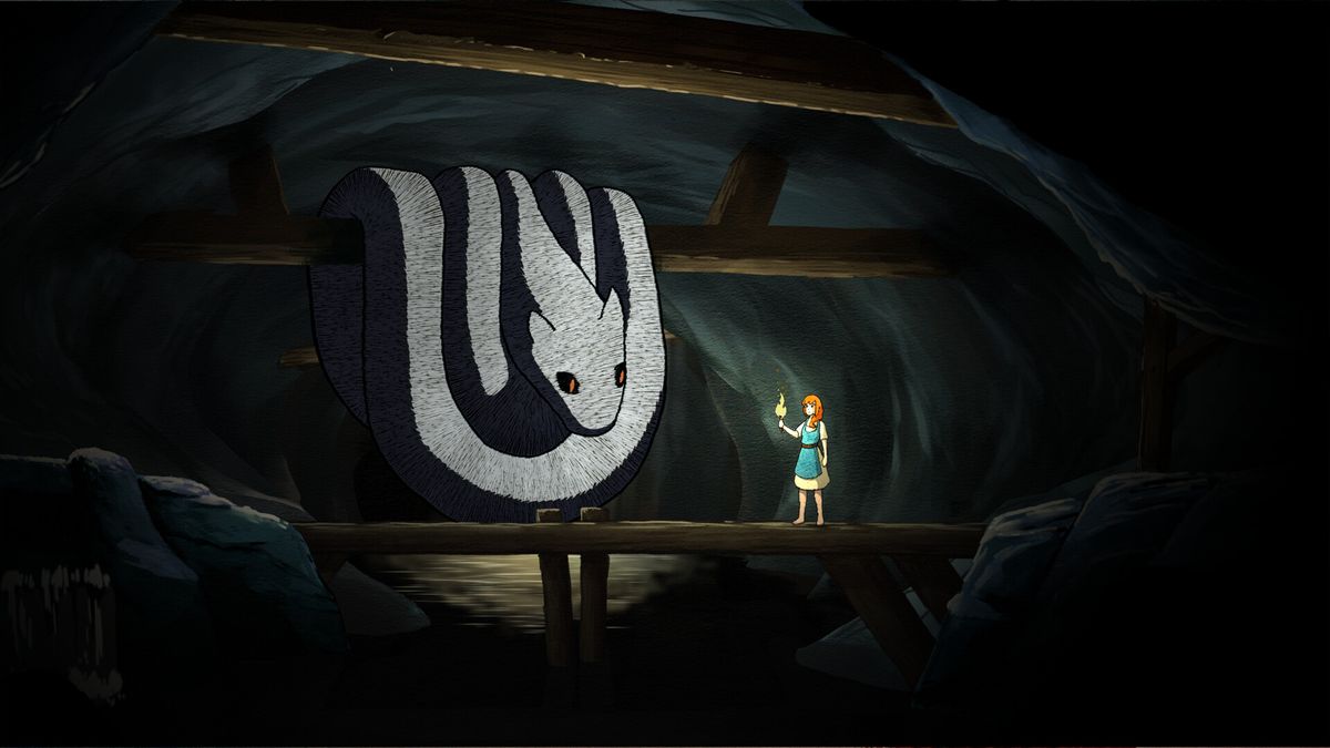 A large, white snake coiled on a tree branch appraises a young woman as she approaches