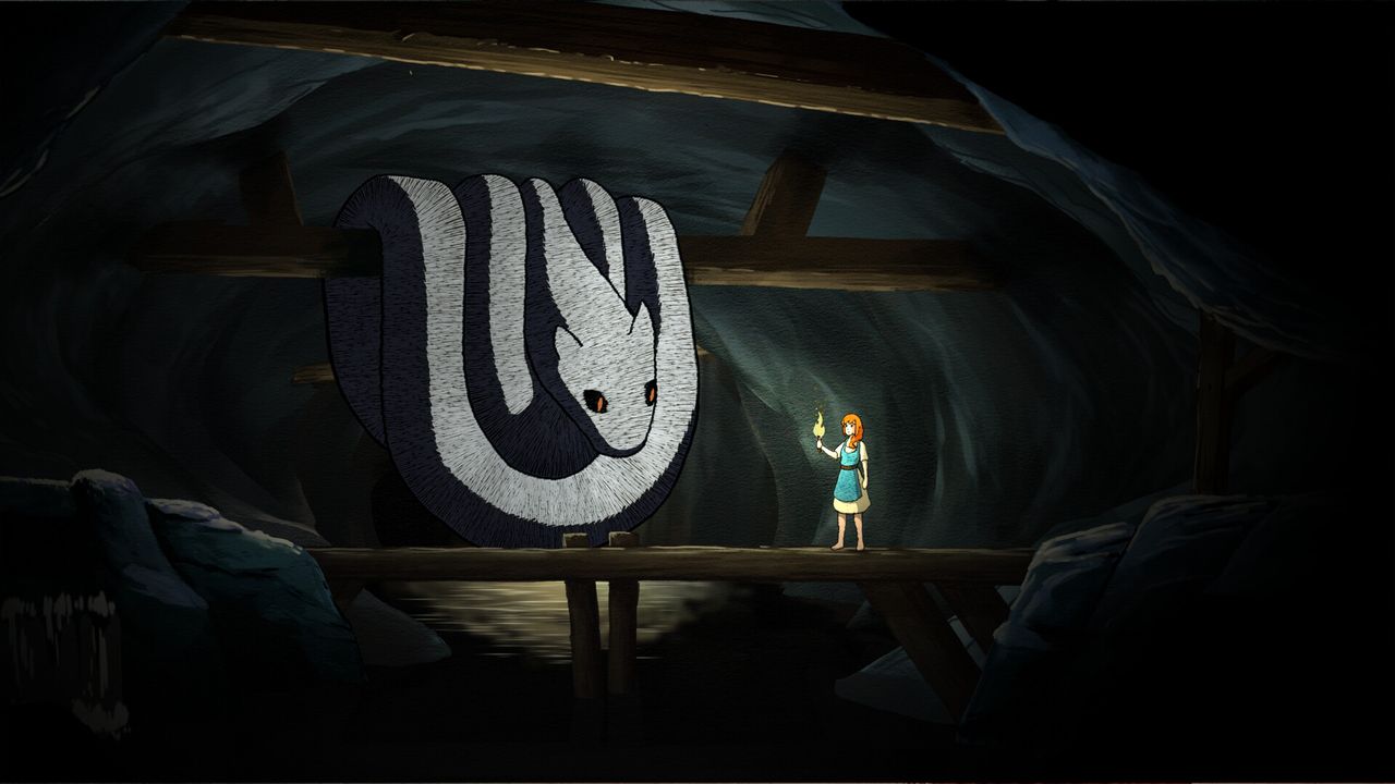A large, white snake coiled on a tree branch appraises a young woman as she approaches