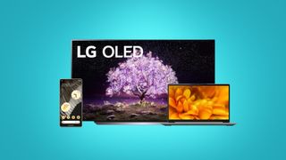 LG C1 TV, Lenovo Ideapad laptop, and Google Pixel 7 on blue background