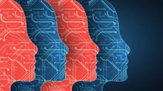 A series of red and blue faces made of circuit-board patterns against a dark blue background