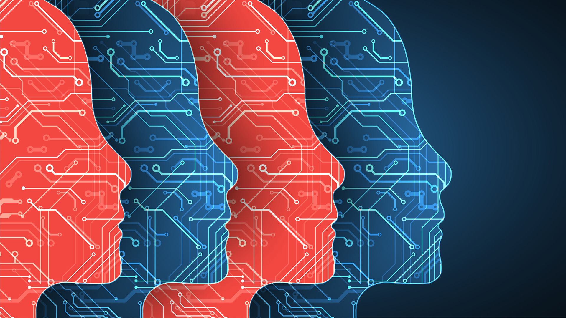 A series of red and blue faces made of circuit-board patterns against a dark blue background