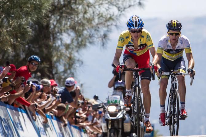 Tejay van Garderen (BMC) leads Michael Rogers (Saxo-Tinkoff) to the line.