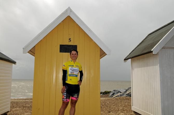 Race leader Rossella Ratto by a beach hut in Felixtowe