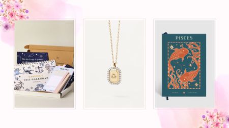 A composite image of three of the best zodiac gifts in 2023, on a pale pink background with pink and purple floral graphics.