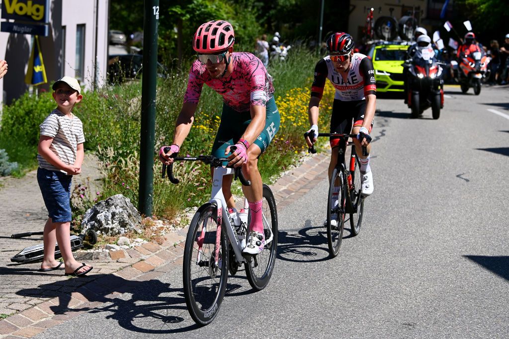 AESCH SWITZERLAND JUNE 13 LR Jonas Rutsch of Germany and Team EF Education Easypost and Joel Suter of Switzerland and UAE Team Emirates competes in the breakaway during the 85th Tour de Suisse 2022 Stage 2 a 198km stage from Kusnacht to Aesch ourdesuisse2022 WorldTour on June 13 2022 in Aesch Switzerland Photo by Tim de WaeleGetty Images