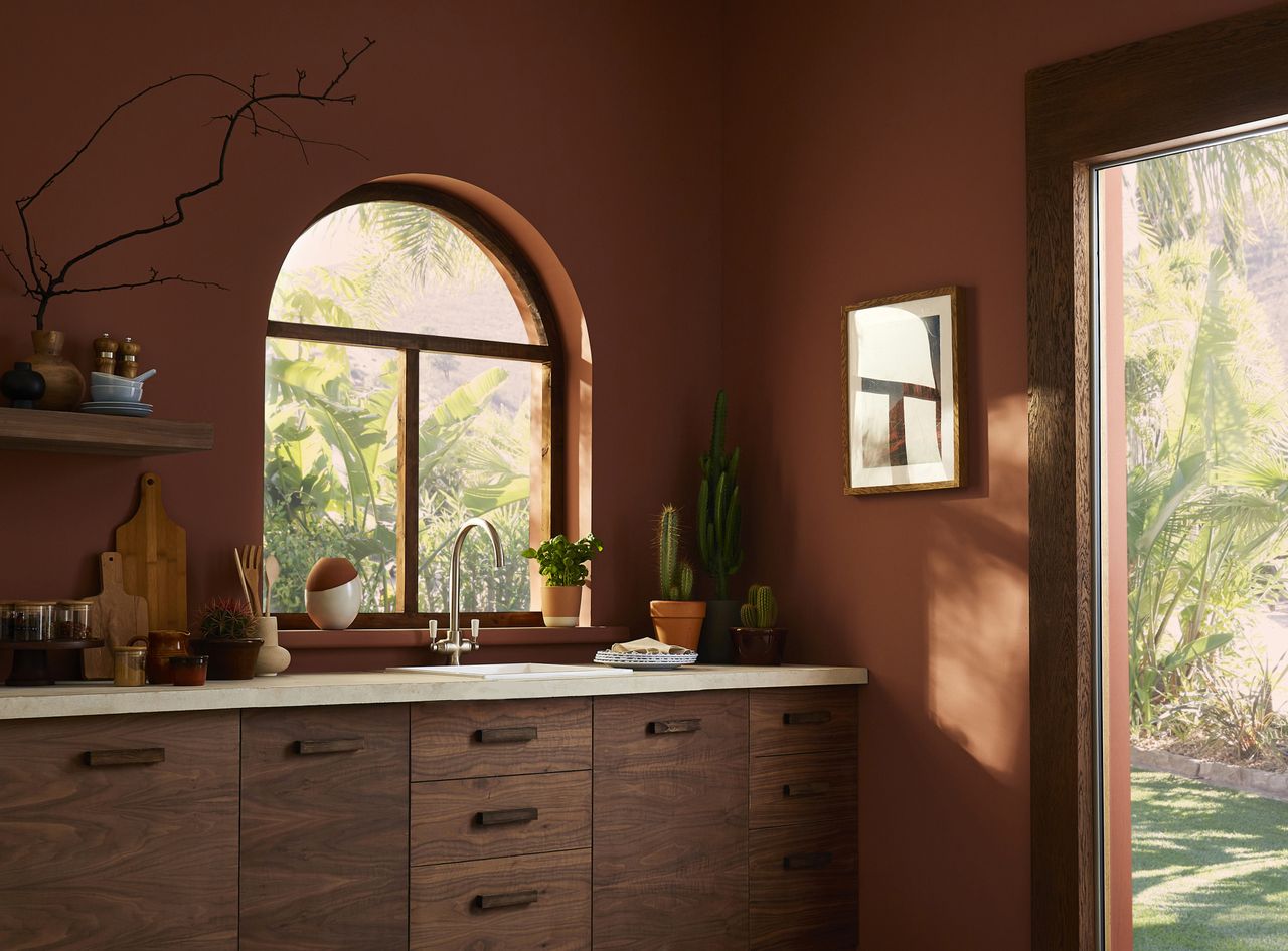 A kitchen fully painted burnt orange 