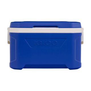 A large blue plastic food cooler