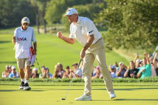 Jim Furyk fist pumps after claiming the 2021 US Senior Open