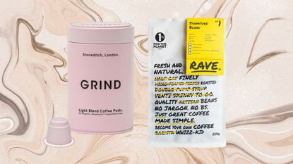 Grind coffee pod tin and Rave ground coffee on brown marbled Canva background