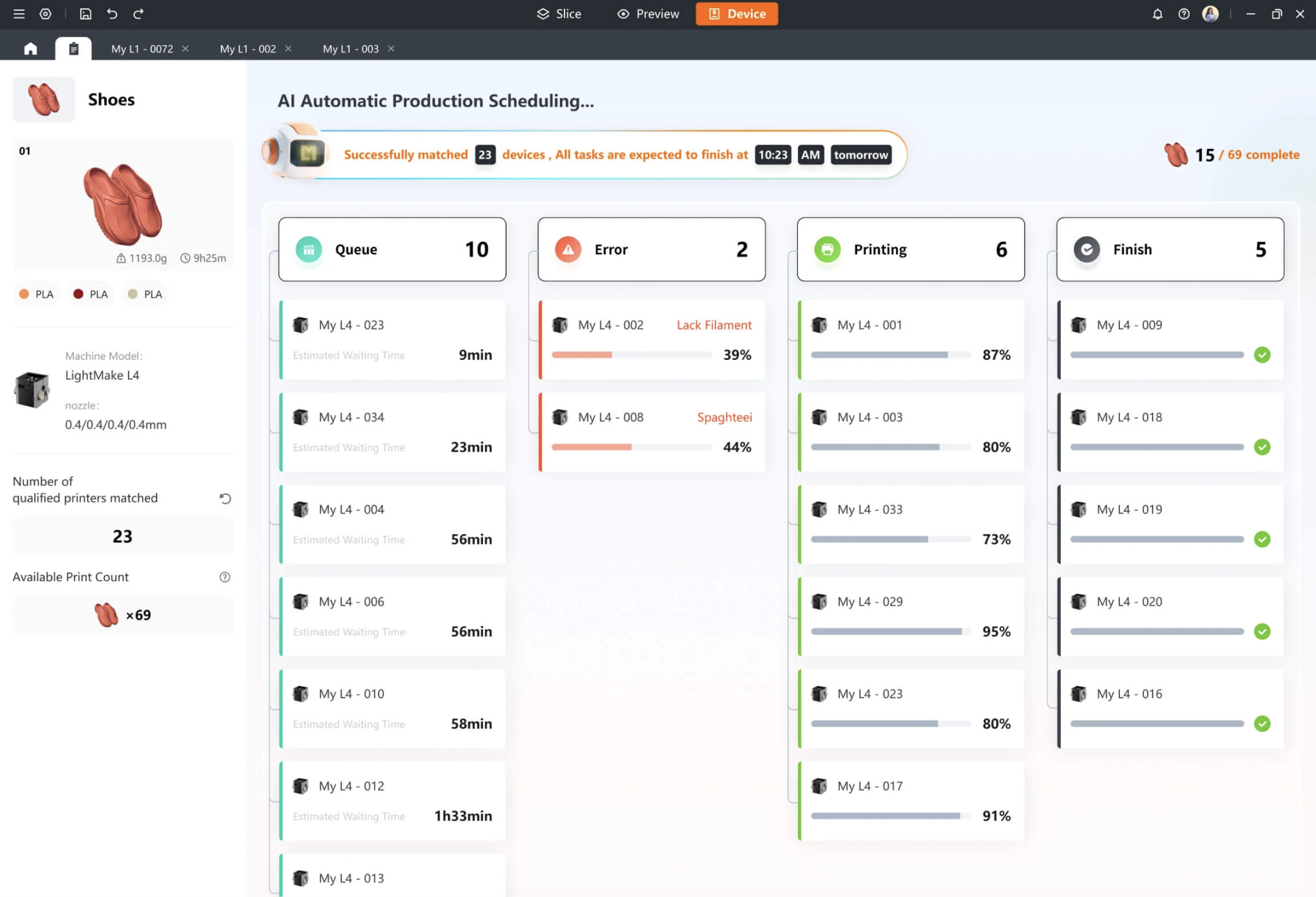 Tasks managed via LightMake software