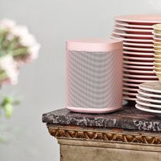 pink colour speaker and plates