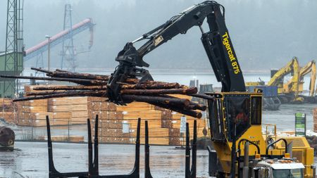 A worker loads logs on to a truck 