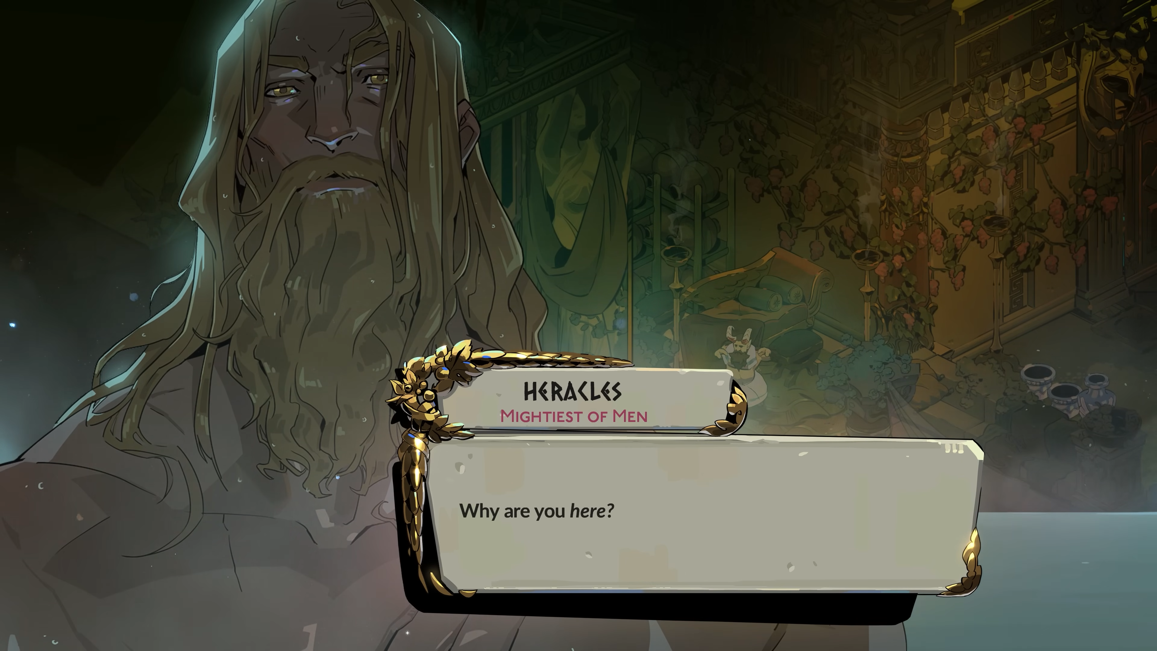 A screenshot of Hades 2 character Heracles in a hot springs dialogue scene. The blonde man's long hair is damp and draped over his broad shoulders as he asks, &amp;quot;Why are you here?&amp;quot;